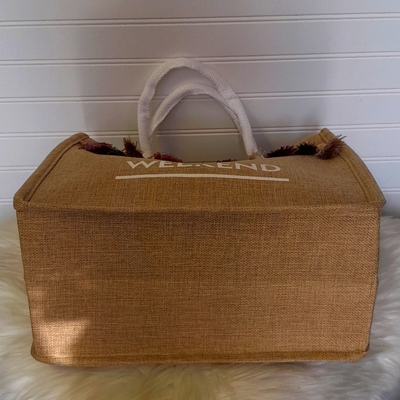 Hello Weekend Linen Look Tassled Canvas Tote Bag - Picture 11 of 12